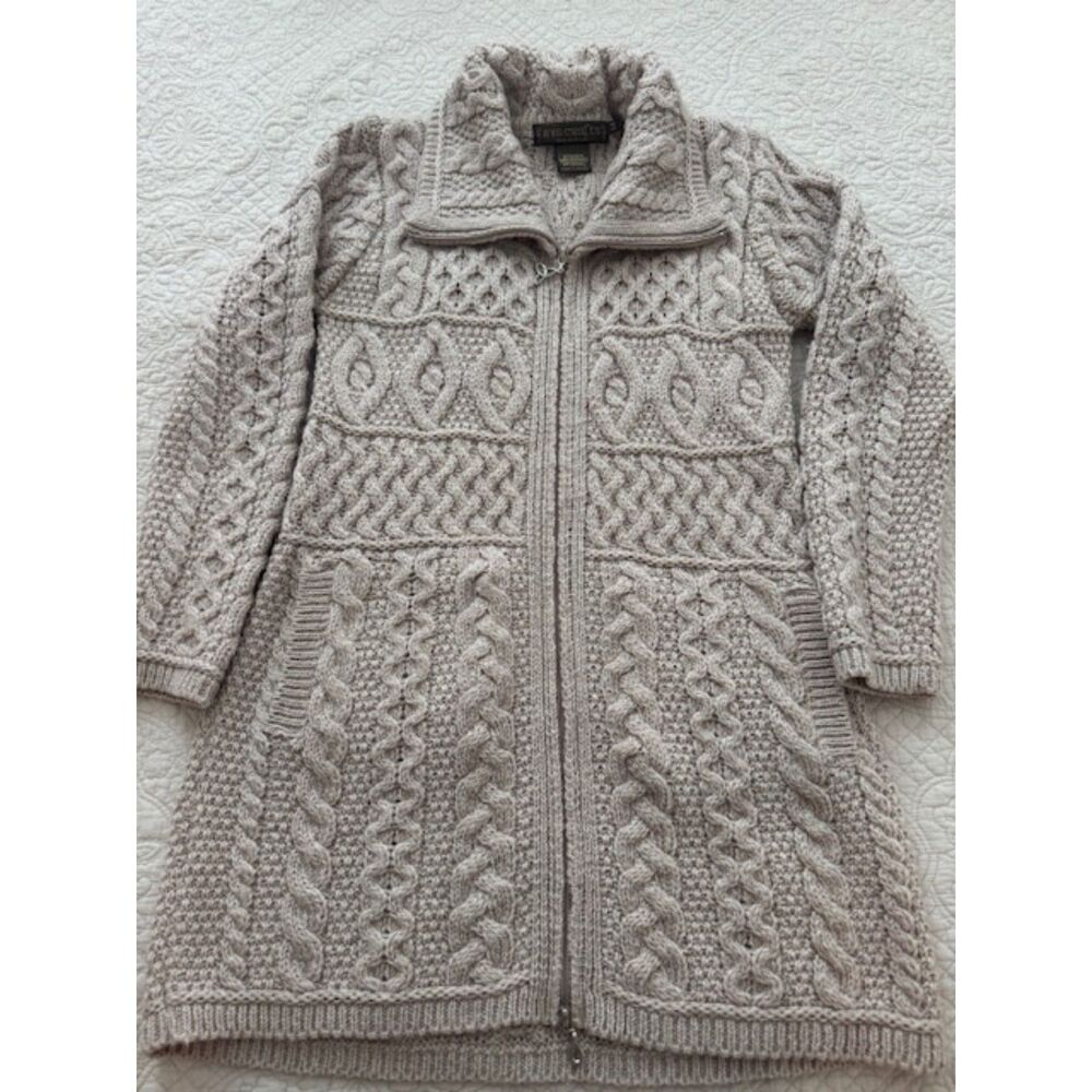 Inis Crafts long zip up cardigan, 100% Wool size M, Beige.